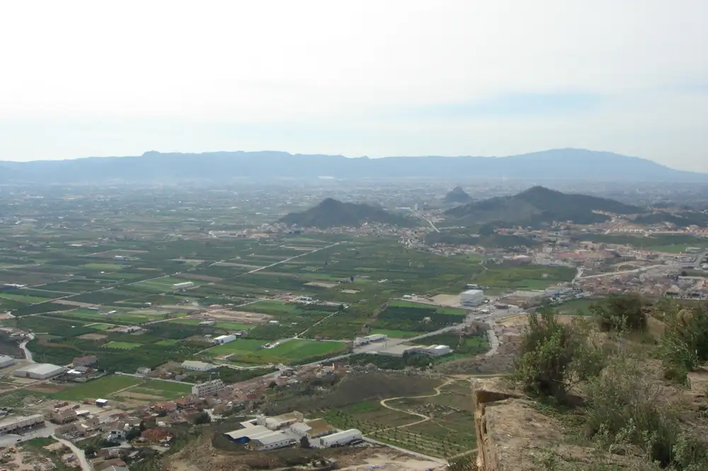 Vista desde lo alto de la huerta de Murcia, con parcelas de cultivo, casas y naves dispersas y sierras al fondo