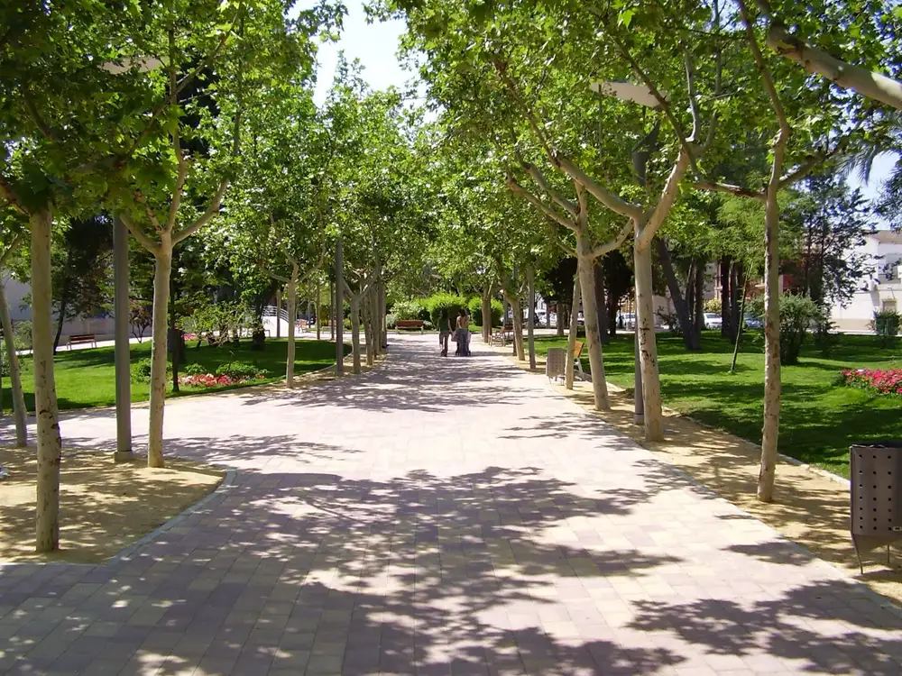 Paseo arbolado con césped y flores en un parque de Las Torres de Cotillas