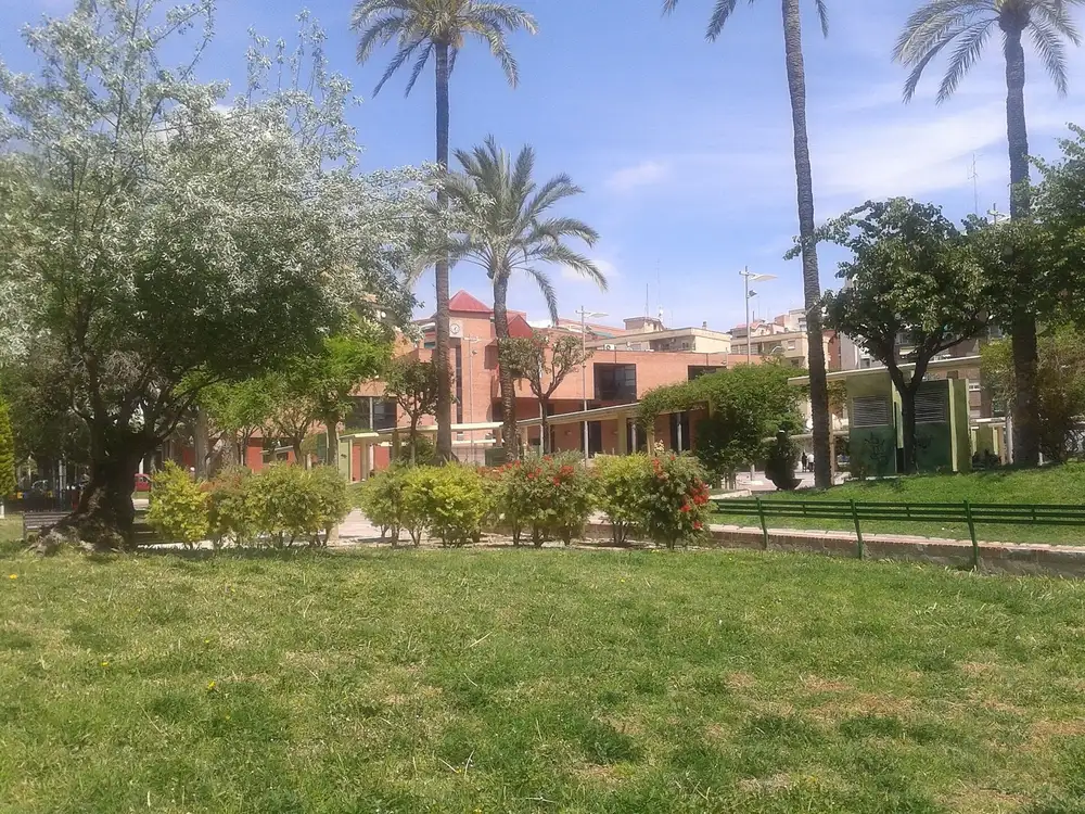 Jardín con palmeras y césped frente a edificios de ladrillo en Molina de Segura